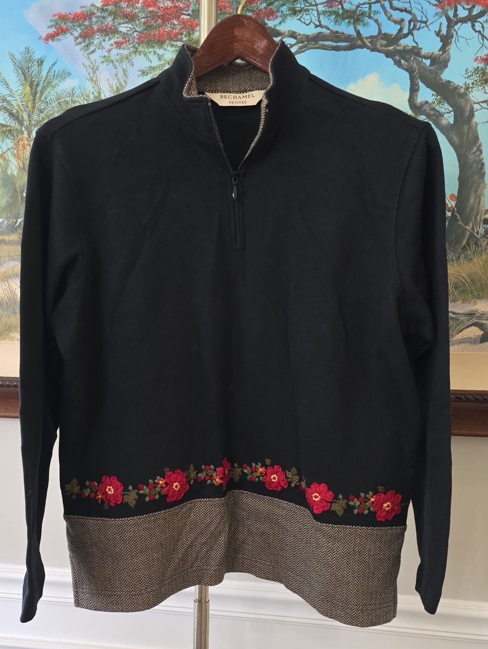 Bechamel Black Half-Zip Top with Red Floral Border